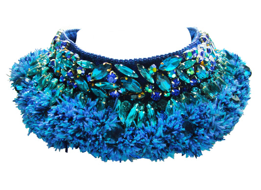 Luxury Coco collar by Jolita Jewellery, adorned with ornate crystal embroidery and colourful yarns.