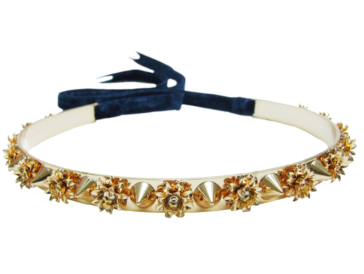Dipped in gold Holly metal choker is embellished with spikes and flowers. Fastens at the back with a luxurious velvet ribbon. 