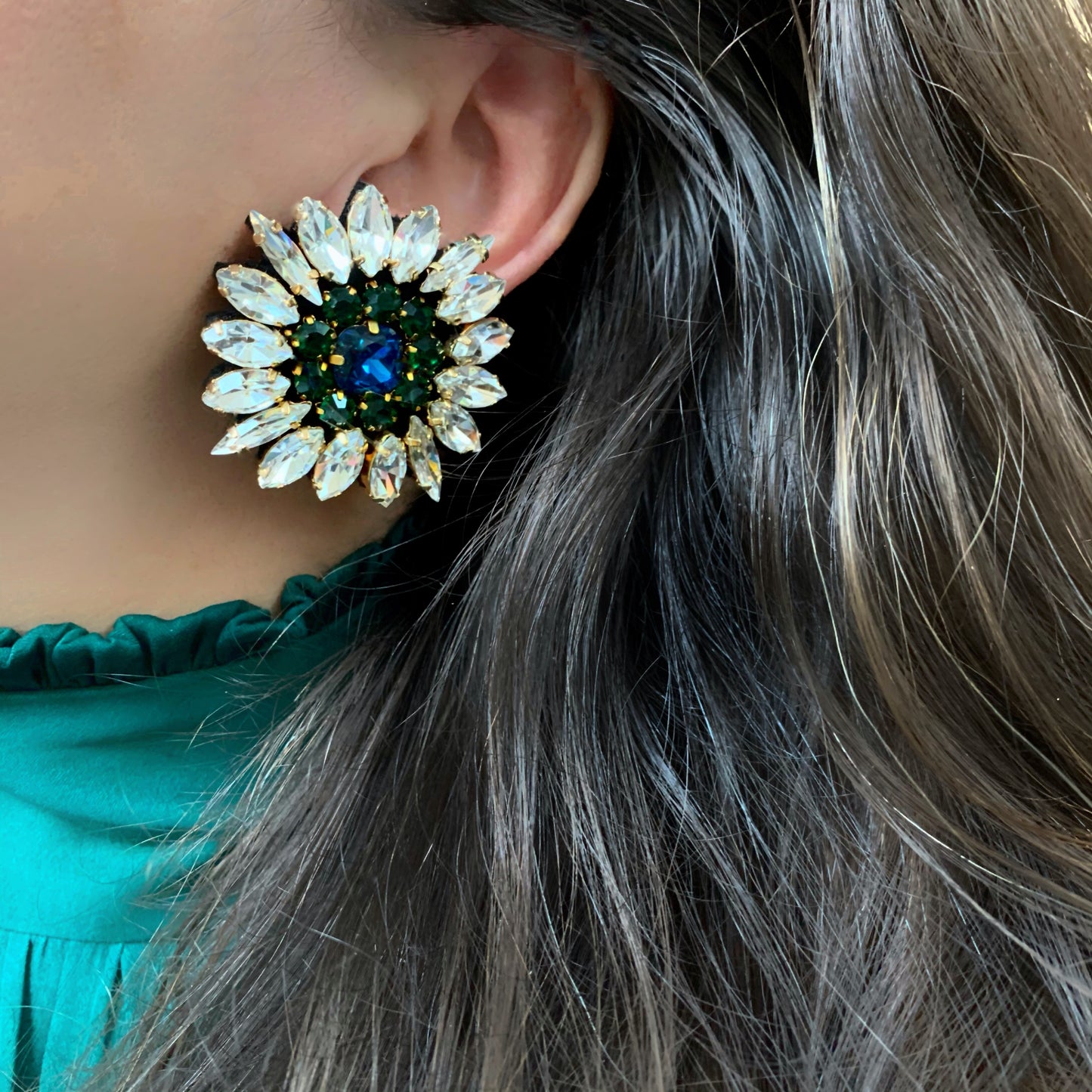 Ines crystal flower earrings green