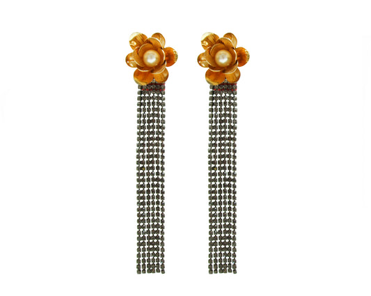 Jolita Jewellery's sparkling earrings designed to dazzle! Adorned with dipped in gold flowers and elegant Swarovski pearls, they are embellished with scores of shimmering crystals that cascade down towards your shoulders. 