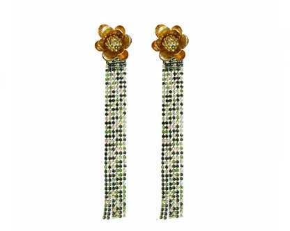 Jolita Jewellery's dazzling Olivia earrings are adorned with dipped in gold flowers and elegant Swarovski pearls, they are embellished with swishy strands of light-catching crystals, gently cascading down towards your shoulders. 