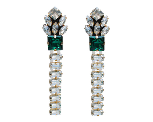 Elegant Paloma earrings by Jolita Jewellery are strung with glistening clear crystals and feature a beautiful emerald green crystal at the centre. 
