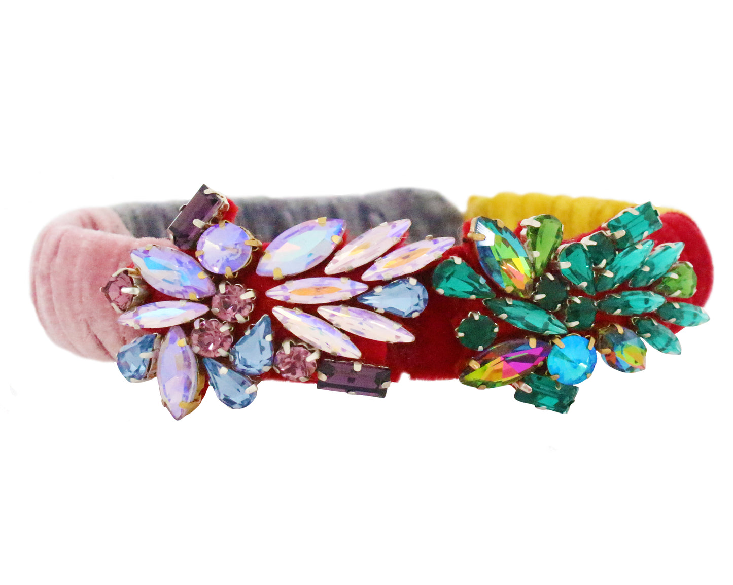 The colourful Sophia headband is made with various colours of luxurious velvet and embellished with hand-made crystal embroidery